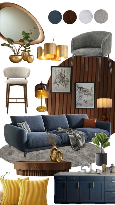 Mid- century modern         #interiordesign #interior #midcenturymodern Modern Living Room Blue, Interior Design Portfolio Layout, Coffee Shop Interior Design, Small House Interior, Small House Interior Design, Living Room Decor Fireplace, Interior Design Boards, Mid Century Living Room, Mid Century Modern Interiors