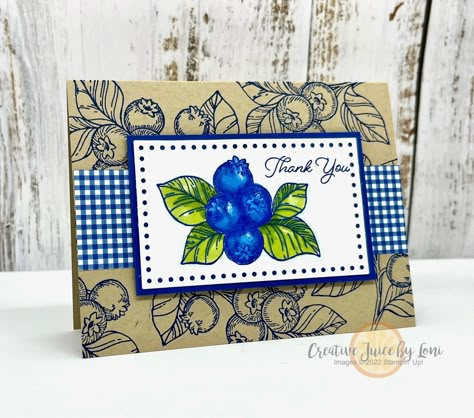 #newatsu, Blueberries Simple to Stepped Up – Creative Juice by Loni, Blueberry Bunches, #simplestamping, Stampin' Up!, Thank You Card, Blueberry Bushel and Glorious Gingham Designer Series Paper Blueberry Bunches Stampin Up Cards, Creative Juice, New Things To Try, Designer Series Paper, Handmade Birthday Cards, Stamping Up, Simple Cards, Blueberries, Stamped Cards