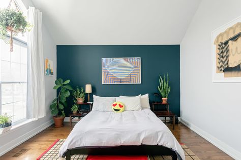 First-Time Homeowners DIYed an Awesome Walk-in Dressing Room: gallery image 21 Teal Wallpaper Accent Wall, Turquoise Accent Wall Bedroom, Wallpaper Accent Wall Bedroom, Teal Accent Walls, Teal Bedroom, Teal Walls, Accent Wall Bedroom, Teal Wallpaper, Bedroom Design Ideas