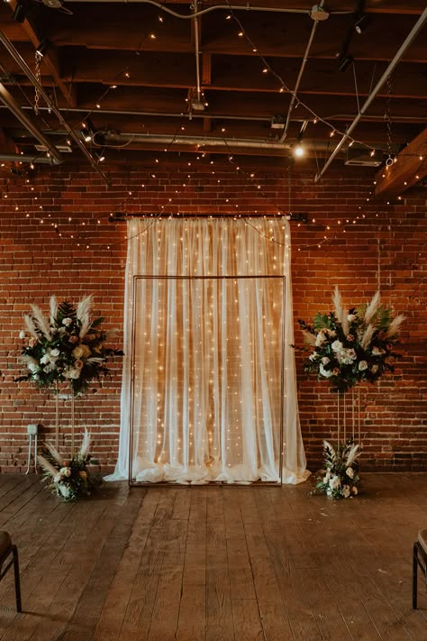 Wedding Backdrop Brick Wall, How To Hide Walls For A Wedding, Brick Wall Ceremony Backdrop, Wedding Photo Backdrop With Couch, Wedding Doorway Decorations Entrance, Wedding Arch Brick Wall, Photowall Ideas Wedding, Wedding Photo Station Backdrop, Western Wedding Photo Backdrop