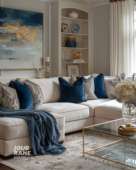 Navy Blue Cushions Living Room, Navy Blue Beige And Gold Living Room, Blue Gold And White Interior, Mykonos Living Room, Blue Cream Living Room Ideas, Navy White And Gold Living Room, Navy Blue And Gold Living Room Decor, Beige And Navy Living Room, Living Room With Navy Accents