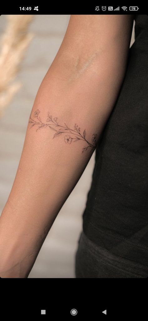 Small Flower Bracelet Tattoo, Arm Tattoos For Women Bracelet, Dainty Cuff Tattoo, Delicate Arm Cuff Tattoo, Delicate Arm Band Tattoos For Women, Small Arm Wrap Tattoo, Bracelet Tattoos For Women Arm, Fineline Wrap Around Tattoo, Band Of Flowers Tattoo