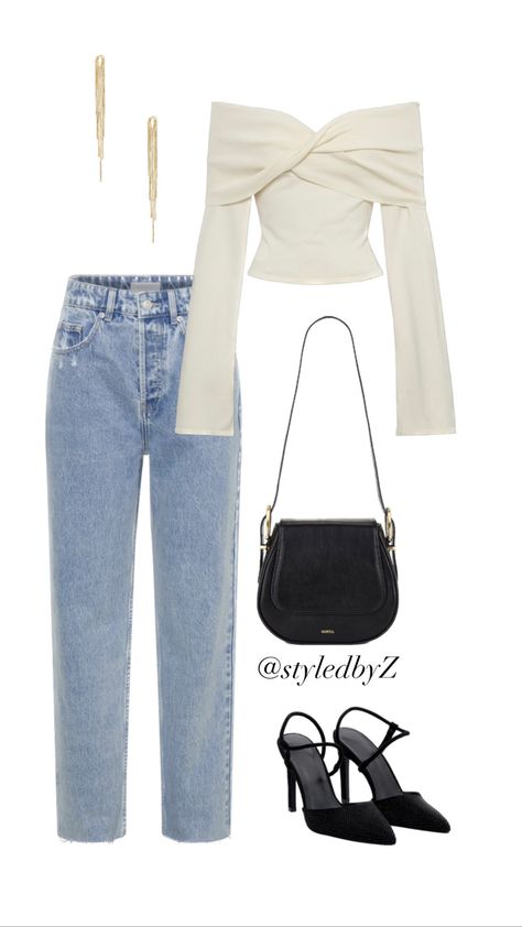 Meshki, off the shoulder top, jeans styled, summer to fall, outfit ideas, outfit inspo, style inspiration Cream Off Shoulder Top Outfit, Off Shoulder Top Outfit, Dress Up Jeans, Twist Top, Top Outfit, Black Accessories, Off Shoulder Top, Off The Shoulder Top, Fall Style