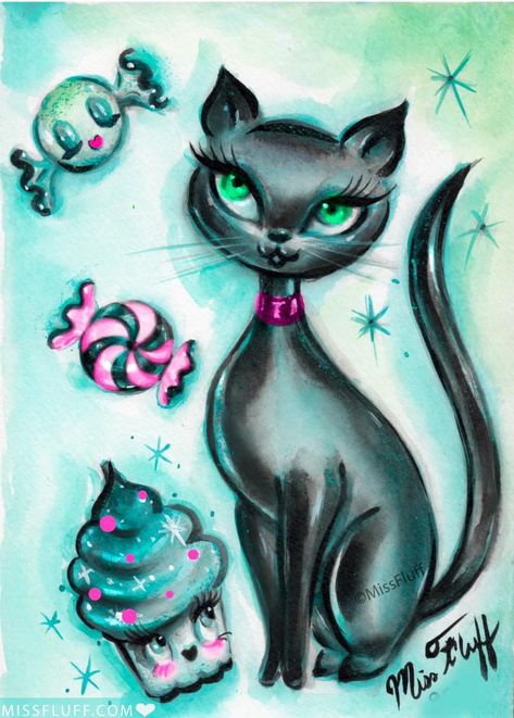 Miss Fluff Rockabilly Artwork, Fluff Art, National Black Cat Day, Black Cat Day, Miss Fluff, Pinup Art, Black Kitty, Vintage Inspired Art, Abstract Art Wallpaper