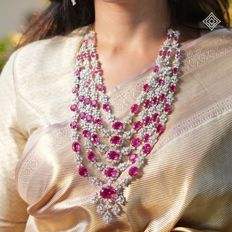 Under the radiant glow of Diwali lights, let your beauty shine with unmatched brilliance. Our exquisite 18K gold necklace, adorned with fancy-shaped diamonds and vibrant pink-red gemstones, captures the essence of the festival. This masterpiece reflects the joy and warmth of traditional celebrations, adding a touch of timeless elegance to your festive attire. WhatsApp 9964641869 for enquiries. 📍Visit the Blue CKC&Co. Flagship store, near Safina Plaza. Look for the DIAMOND logo! Sarees: @h... Fancy Diamond Earrings, Pearl Bangles Gold, Diamond Long Necklace, Diamond Haram, Diamond Jewlery, Stamped Embroidery Kit, Pink Stone Necklace, Beautiful Jewelry Diamonds, Wedding Jewelry Sets Bridal Jewellery