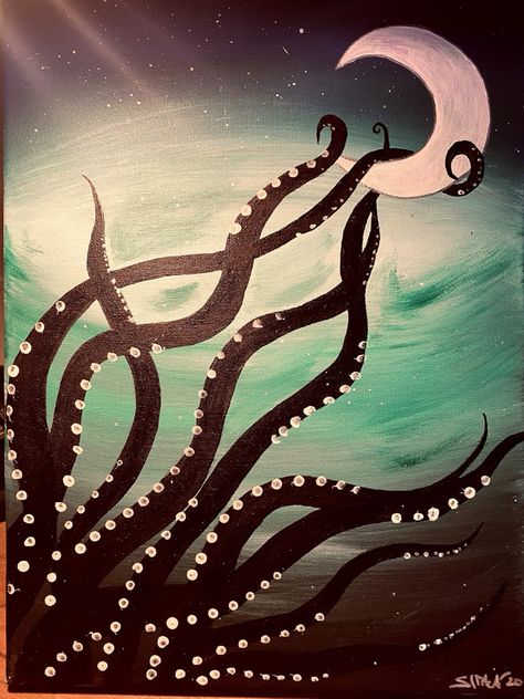 Octopus, acrylic, moon, paint, dark Octopus Moon Tattoo, Octopus Tentacles Art, Octopus Wallpaper, Tentacle Art, Octopus Painting, Octopus Tentacles, Octopus Art, Cute Paintings, Mini Paintings