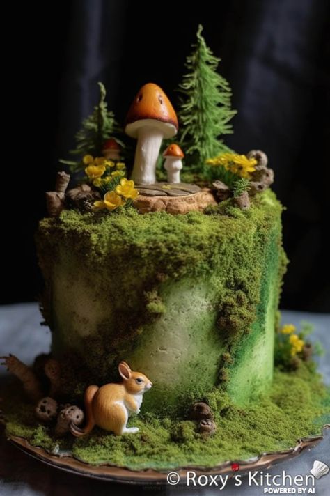 Tree Cake, Enchanted Forest Cake Ideas, Forest Cake Ideas, Fairy Themed Cake, Moss Cake, Enchanted Forest Cake, Squirrel Cake, Cake Artwork, Woodland Birthday Cake