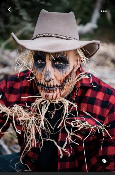 Homemade Scarecrow Ideas, Scarecrow Men Costume, Easy Scarecrow Makeup For Men, Scarecrow Sfx Makeup, Scarecrow Face Paint Men, Pumpkin Scarecrow Costume, Easy Scary Scarecrow Makeup, Scary Scarecrow Makeup For Men, Scarecrow Scary Makeup