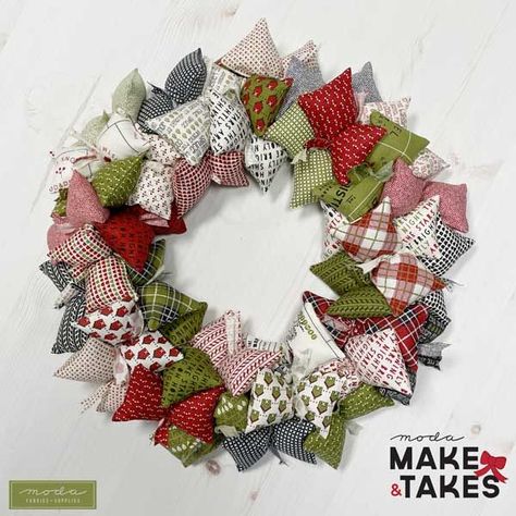 Fabric Wreath Tutorial, Charm Packs Fabric, Christmas Door Hangings, Wire Wreath Frame, Fabric Wreath, Moda Fabric, Quilted Christmas Ornaments, 2022 Christmas, Xmas Wreaths