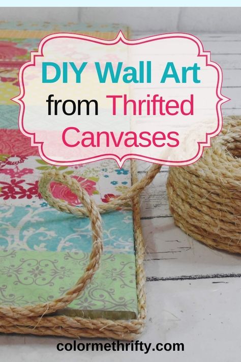 How to create easy one of a kind DIY wall art from thrifted canvases and leftover pieces of scrapbook paper. Diy Upcycle Canvas Art, Upcycle Old Artwork, Repaint Canvas Diy Wall Art, Scrapbook Paper Canvas, Plastic Drawer Makeover, Framed Fabric Wall Art, Craft Room Closet, Paper Piecing Scrapbooking, Diy Upcycle