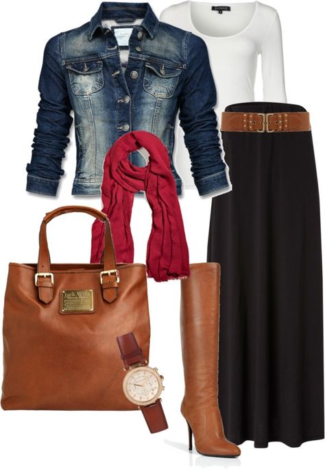 Wide belt works well with full length skirt. Nice tall boots would be hidden though. Perfect bag/boot combo. red scarf accents the black and tan except for top, jacket Swag Pants, Boots Skirt, Mama Fashion, Skirt Boots, Streetwear Outfit Ideas, Mode Tips, Fashion Terms, Stitch Fit, Urban Fashion Trends