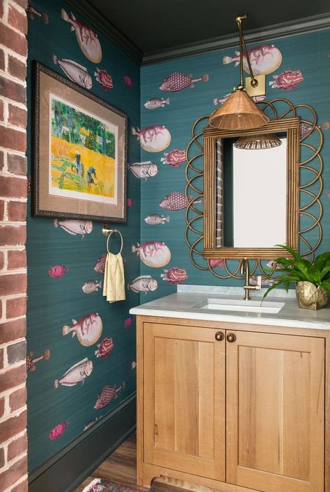 Heighten the drama in a small bathroom and pull a dark color from the wallpaper to use on the baseboards, crown molding, and ceiling. In this eclectic bathroom, the moody paint color helps enclose the space for a jewel box effect and a high-end design look. #bathroomdecor #bathroomideas #bathroomdesign #bathroominspiration #bhg Kate Marker Interiors, Eclectic Bathroom, Hgtv Dream Home, Decorating Advice, Bold Wallpaper, Black And White Tiles, Small Space Diy, Traditional Farmhouse, Bathroom Pictures