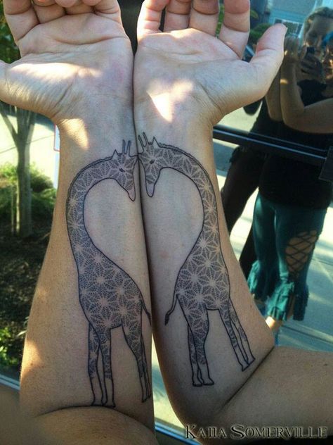 'Twin Giraffes- spirit animals' Tattoo by Katia Somerville at Rainfire Tattoo >> http://www.rainfiretattoo.com Giraffe Heart Tattoo, Giraffe Tattoo, Giraffe Heart, Cute Couple Tattoos, Couple Tattoos, Giraffes, Heart Tattoo, Spirit Animal, We Wear