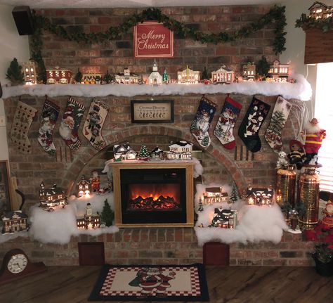 Christmas Village Display On Fireplace, Christmas Village Fireplace Display, Christmas Village Mantle, Snow Village Display, Christmas Tree Village Display, Tree Village, Christmas Tree Village, Christmas Village Sets, Christmas Village Display