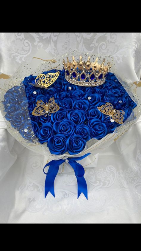 Royal Blue Wedding Bouquet, Ribbon Rose Bouquets, Blue Flowers Bouquet, Blue Wedding Bouquet, Royal Blue Wedding, Ribbon Roses, Quinceanera Dresses, Blue Wedding, Wedding Bouquet