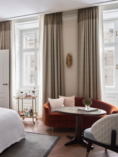 Hotel Suite Design Luxury, Parisian Hotel Room, Hotel Curtains Bedroom, Classic Hotel Room, Hotel Room Interior Luxury, Factory Apartment, Paris Hotel Room, Hotel Room Window, Hotel Suite Design