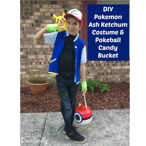 Create an easy, last minute Pokemon Ash Ketchum costume for kids, and don't forget the DIY Pokeball candy bucket for Halloween! #costumes #pokemon #kidscostume Ash Costume Diy, Pokemon Costume Diy, Diy Pokemon Costume, Ash Pokemon Costume, Diy Pokeball, Pokemon Costumes Diy, Ash Ketchum Costume, Pokemon Trainer Costume, Ash Costume