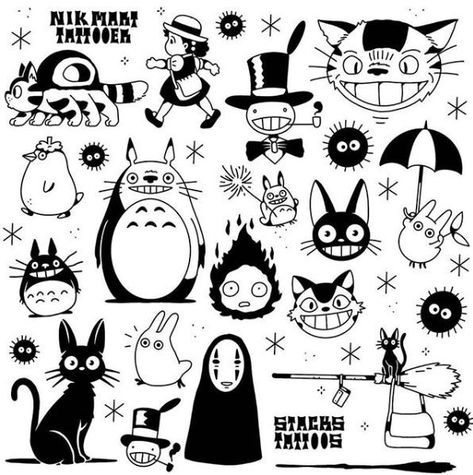 Tatuaje Studio Ghibli, Tato Flash, Studio Ghibli Tattoo, رسم كاريكاتير, Ghibli Tattoo, Flash Tattoo Designs, Tattoo Flash Sheet, Geniale Tattoos, Tattoo Portfolio