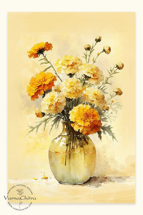 marigold still life painting by Biju Varnachitra Indian Artist. Still Life Watercolor Paintings, Marigold Drawing, Marigold Painting, Watercolor Marigold, Marigold Art, October Birth Flower, October Birth Flowers, Flower Still Life, Photo To Art