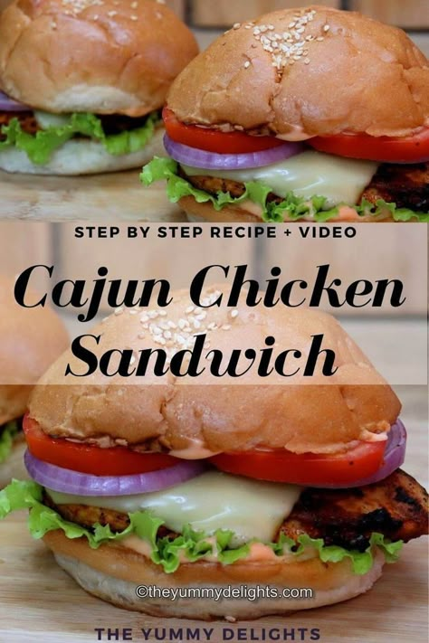 close-up of 3 cajun chicken sandwich placed on a chopping board. Cajun Chicken Sandwich, Chicken Breast Sandwich Recipes, Chicken Sandwich Sauce, Homemade Chicken Sandwich, Baked Breaded Chicken Breast, Cajun Chicken Burger, Cajun Chicken Breast, Easy Chicken Sandwich, Whats For Supper