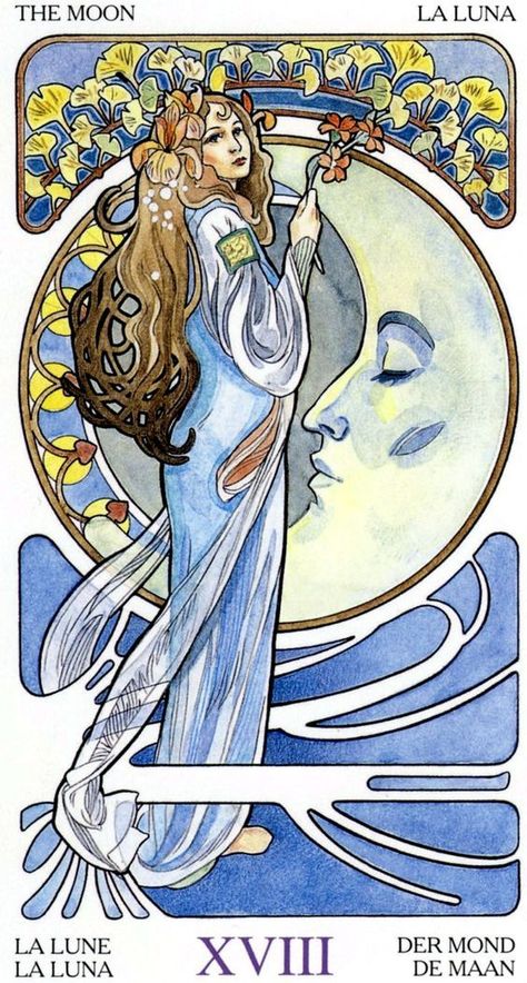 Art Nouveau Tarot, Tarot Zodiac, Moon Goddess Art, The Moon Tarot Card, Alphonse Mucha Art, The Moon Tarot, Mucha Art, Art Nouveau Illustration, Luna Moon