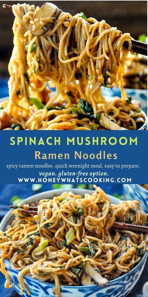 Mushroom Ramen Noodles, Healthy Ramen Noodle Recipes, Quick Comfort Food, Healthy Ramen Noodles, Spicy Spinach, Mushroom Ramen, Vegan Honey, Healthy Ramen, Easy Ramen