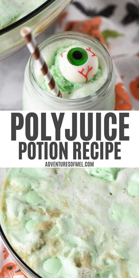 Brew a simple Polyjuice Potion recipe for a transformative experience at your Halloween or Harry Potter party. It's an easy, fun, non alcoholic, lime sherbet punch your guests will love! Polyjuice Potion Recipe, Lime Sherbet Punch, October Recipes, Sherbet Punch Recipes, Harry Potter Drinks, Harry Potter Snacks, Halloween Punch Recipes, Sherbet Punch, Harry Potter Halloween Party