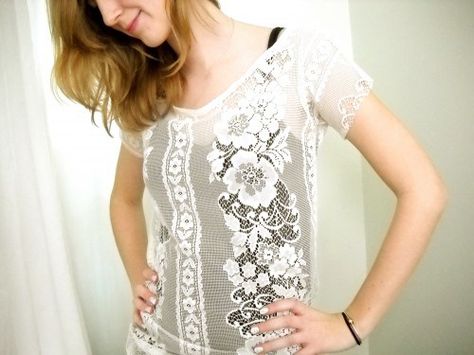 DIY lace shirt from old lace tablecloth or curtain Diy Lace Shirt, Lace Table Cloth, Repurposed Junk, Cottagecore Outfit, Diy Drawing, Diy Tops, Learning To Sew, Repurposed Clothing, Someone Like Me