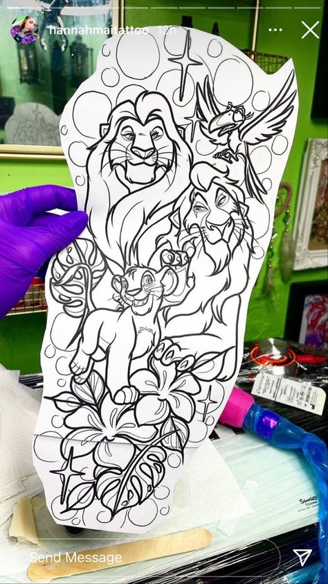 coloring pages ✨ Floral Disney Tattoo Sleeve, Disney Tattoos Sleeve Arm Black And White, Disney Tattoo Sketches, Disney Tattoo Designs Drawings, Disney Arm Tattoo, Disney Collage Tattoo, Sleeve Tattoos Disney, Cartoon Tattoos Ideas, Mufasa Tattoo