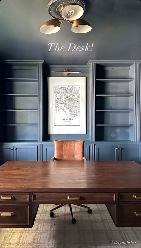 Wood Trim Office, British Interior Design Modern, Blue Wall Home Office, Masculine Desk Decor, Modern Traditional Office Design, Small Office Masculine, Moody Blue Home Office, Home Office Ideas Blue, Blue Office Built Ins