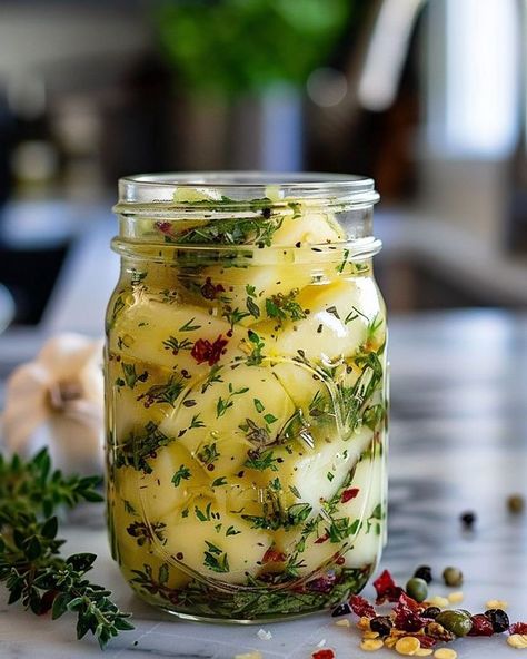 Herb And Garlic Marinated Cheese In A Mason Jar, Appetizer In A Jar, Marinated Cheese In A Mason Jar, Herb And Garlic Marinated Cheese, Bariatric Appetizers Parties, Marinated Potatoes In A Jar, Marinated Cheese And Olives In A Jar, Marinated Appetizers, Jar-cuterie Ideas