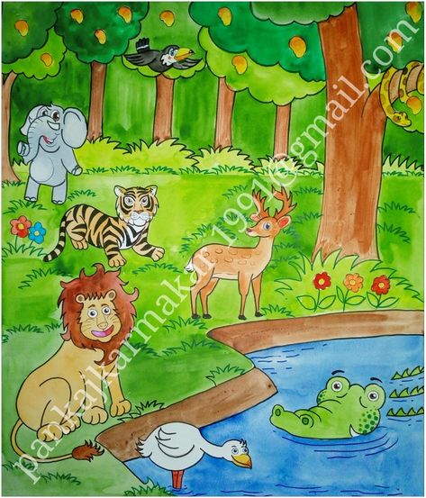 Easy jungle painting with water colour by Pankaj karmakar Jungle Drawing Forests, Animals In Jungle Drawing, Jungle Drawing Easy With Animals, Forest Animal Drawings Easy, Easy Jungle Animal Drawings, Forest Scenery Drawing For Kids, Forest With Animals Drawing, Jungle Painting Easy, Jungle Scene Drawing