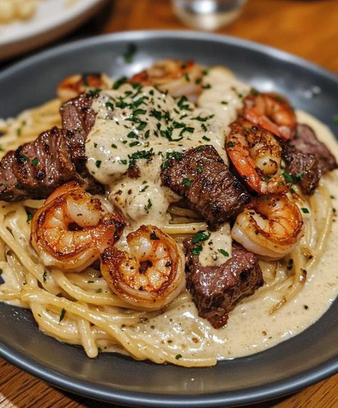 Cajun memes | Cajun Shrimp and Steak Alfredo Pasta | Facebook Shrimp And Steak Alfredo Pasta, Steak Alfredo Pasta, Steak Alfredo, Fall Party Food, Steak Pasta, Steak And Shrimp, Cajun Shrimp, Food Babe, Alfredo Pasta