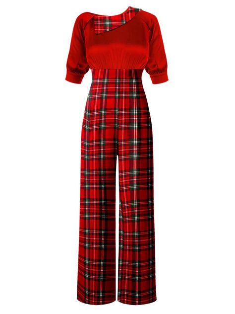 Red 1930s Christmas Plaid Short Sleeved Jumpsuit | Retro Stage 1930s Christmas, Style Vert, The Hollow, Standard Dress, Christmas Plaid, Short Sleeve Jumpsuits, Red Jumpsuit, Jumpsuit With Sleeves, Plaid Shorts