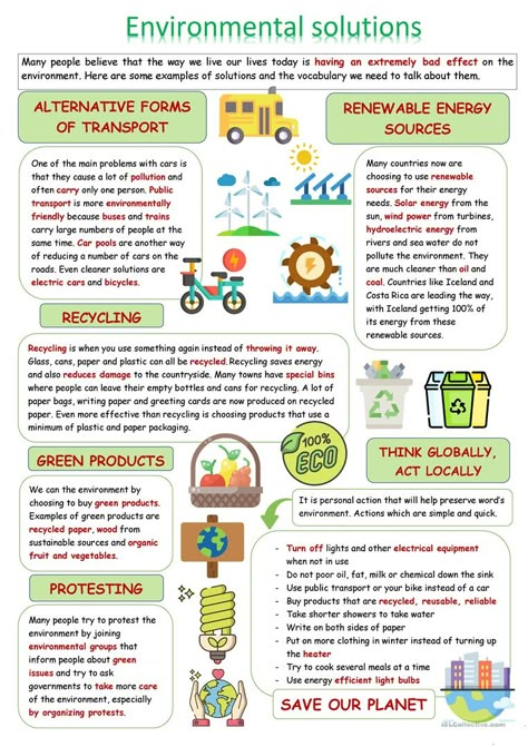 Environmental solutions - English ESL Worksheets for distance learning and physical classrooms Science 3rd Grade, Environmental Art Projects, Geography Revision, English Pictures, Environmental Activities, Esl Materials, Ap Environmental Science, Environmental Psychology, Global Goals