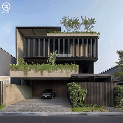 Minimalist Elevation Architecture, Tropical Minimalist House, Facade Minimalist, Villa Facade Design, Industrial Style House, Nupur Kanoi, Row House Design, 3 Storey House Design, Townhouse Exterior