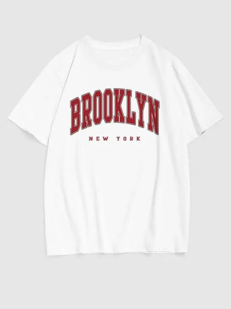 BROOKLYN Printed Crew Neck T-shirt. Letter Decoration, Casual Kimono, Latest Mens Fashion, Black Denim Jacket, Type Graphic, Collar Pattern, Jumper Shirt, Moda Vintage, Active Wear Outfits