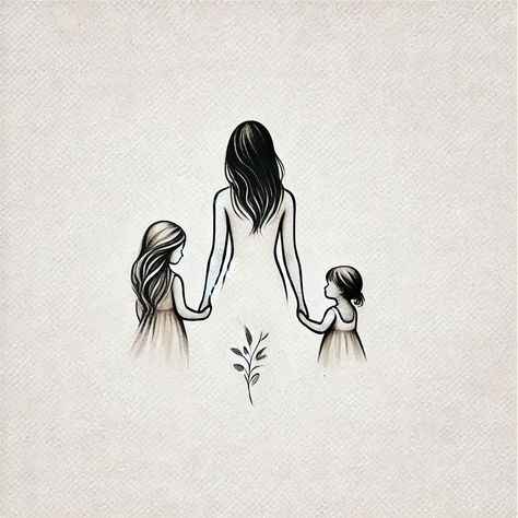 Mom With 2 Daughters Tattoo, Mom With 2 Daughters Drawing, Mother Drawing, Realistic Heart Tattoo, Black Flowers Tattoo, Realistic Heart, Mom Drawing, Mother Daughter Tattoo, Girls Holding Hands