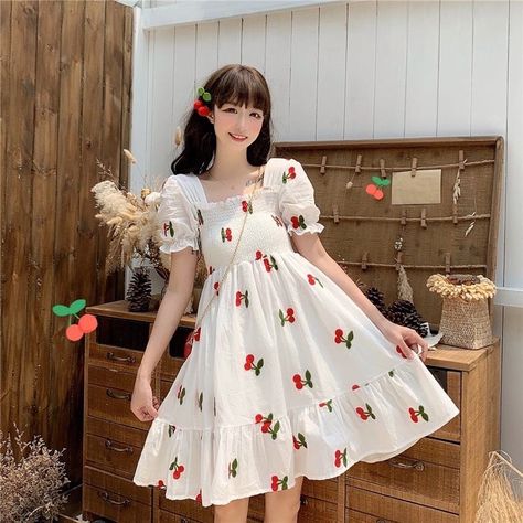 Kawaii Cherry, Dress Materials Cotton, Strawberry Dress, Cherry Dress, Korean Fashion Dress, Korean Dress, Puffed Sleeves Dress, Only Fashion, Cute Dress