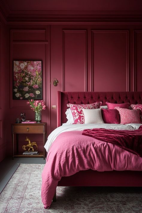 Moody Pink Bedroom, Dark Pink Room, Dark Pink Bedroom, Plum Bedroom Ideas, Magenta Bedrooms, Purple Bedroom Walls, Red Bedroom Walls, Plum Bedroom, Moody Bedroom Decor