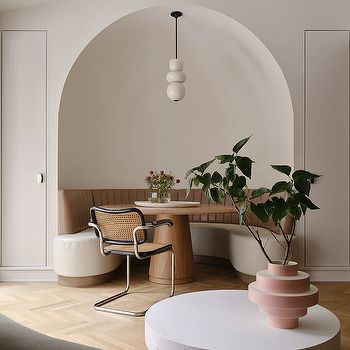 Curved Dining Banquette Design Ideas Dining Room Arch, Cloud Living Room, Minimalist Salon, Dining Nook Ideas, Room Arch, Mini Lounge, Curved Banquette, Eclectic Mid Century Modern, Banquet Dining