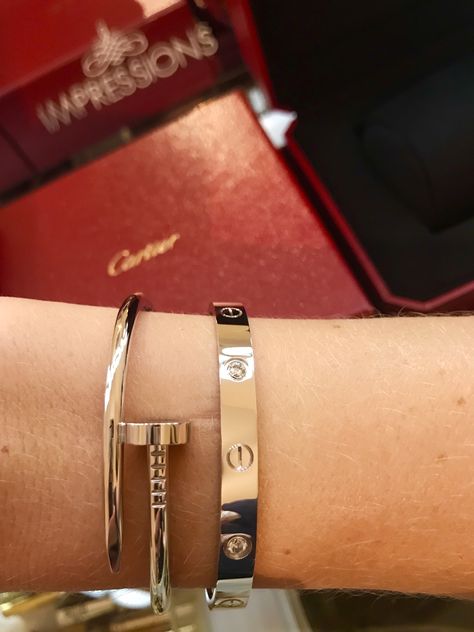 White Gold Juste Un Clou, White Cartier Bracelet, Cartier Love Bracelet And Juste Un Clou, White Gold Cartier Love Bracelet, Cartier Bracelet White Gold, Cartier Bracelet Aesthetic, Cartier Love Bracelet Stack, Cartier Love Bracelet White Gold, Cartier Love Bracelet Diamond