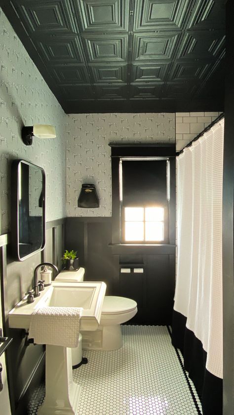 Classic Black and White Bathroom: Restoring Vintage Charm in This Historic Home for the Fall 2020 One Room Challenge Classic Black And White Bathroom, Vintage Black And White Bathroom, Historic Bathroom, Studio Bathroom, Black And White Tiles Bathroom, Organization Shelves, Black And White Bathroom, Black White Bathrooms, Mold In Bathroom