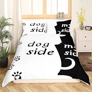 Dog Side and My Side Printed Bedding Duvet Cover King Size Couple Pattern Black White Dog Bedding Set Romantic Theme Comforter Cover for Couple Teen Soft Lightweight Quilt Bedspread Cover RV Décor Side Bed, Bedding Quilt, King Size Comforters, Romantic Themes, Black And White Dog, Bed Dimensions, White Dog, Bed Sets, Comforter Cover