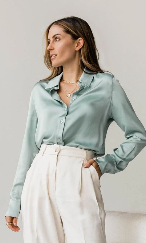 12 Spring Outfit Essentials - Blush & Pearls Sage Blouse Outfit, Light Green Blouse Outfit, Green Silk Blouse Outfit, Silk Blouse Outfit, Silk Shirt Outfit, Satin Bluse, Formal Suit, Looks Street Style, Luxury Silk