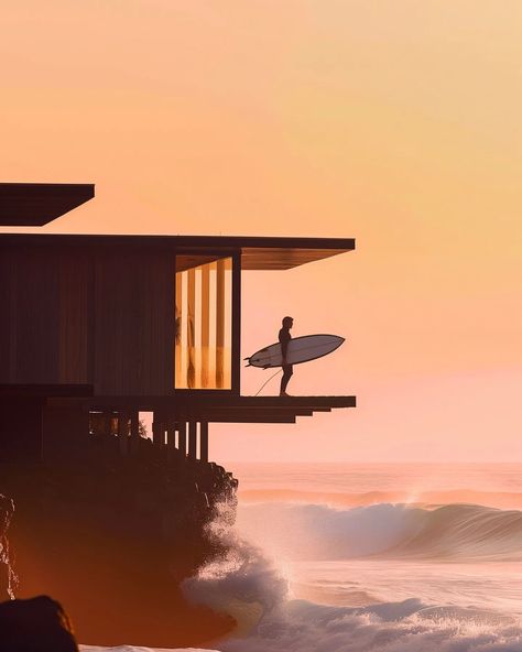 the surf shack | corten edition testing new views and vignettes. caught some nice underwave on accident which was fun 🤙🏼 #surf #surfer #surfshack #beach #ocean #midjourneyarchitect #midjourney #artificialintelligence #artificialarchitecture #artificialsketchbook #generativedesign #corten #steel West Coast House, Surf Posters, Surfer Aesthetic, Surfer Vibes, Action Board, Coast House, Surfing Aesthetic, Ocean Illustration, Oceans 11