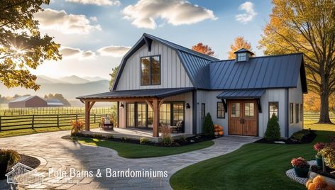 Farmhouse Barndominium Design Trends Barndominium Ideas Ranch Style, One Level Barndominium, Single Level Barndominium, Farmhouse Barndominium Exterior, Bardiminium House Ideas, Barndominium With Breezeway, Barn Dominium Houses, Barndominium Living Room, Simple Barndominium Ideas