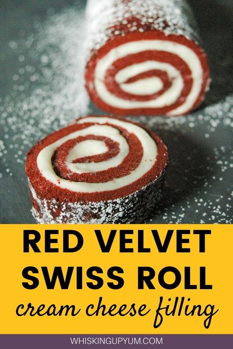 This easy Red Velvet Swiss Roll with Cream Cheese Filling is so tasty and an Easy Holiday Dessert. | Swiss Cake Roll | Swiss Cake Roll Recipe | Swiss Cake Roll Recipe Easy | Swiss Cake Roll Easy | Red Velvet Swiss Roll | Red Velvet Swiss Cake Roll | Valentines Day Dessert | Easy Holiday Dessert | Christmas Dessert | Christmas Swiss Roll Swiss Cake Roll Recipe, Cake Roll Recipes Easy, Christmas Swiss Roll, Red Velvet Swiss Roll, Swiss Cake Roll, Roll With Cream Cheese Filling, Christmas Cake Roll, Red Velvet Cake Roll, Easy Holiday Desserts Christmas