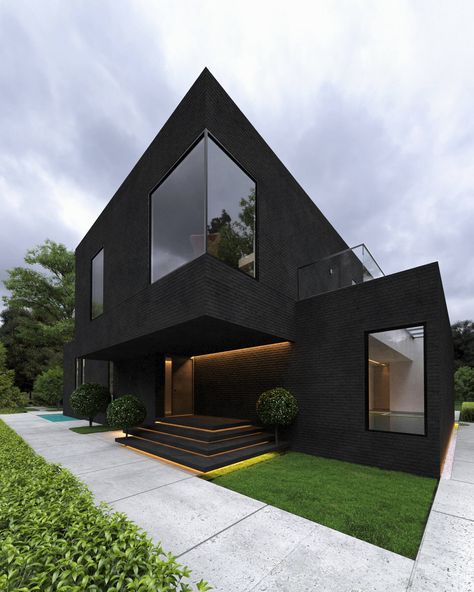 Black House Design, Black Modern House, Beautiful Modern Homes, Loft Interior, Modern Villa Design, Tehran Iran, Black Brick, Brick Facade, Modern Houses Interior