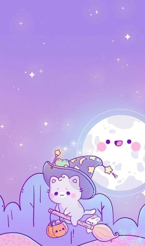 Cremechii Art Wallpaper, Witch Aesthetic Illustration, Kawaii Halloween Aesthetic, Kawaii Space Wallpaper, Halloween Kawaii Wallpaper, Kawaii Halloween Wallpaper, Pastel Halloween Aesthetic, Whats Wallpaper, Witch Wallpaper